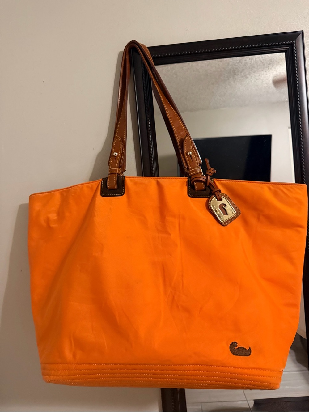 Orange Tote Bag with Brown Straps - Women's Shoulder Bag